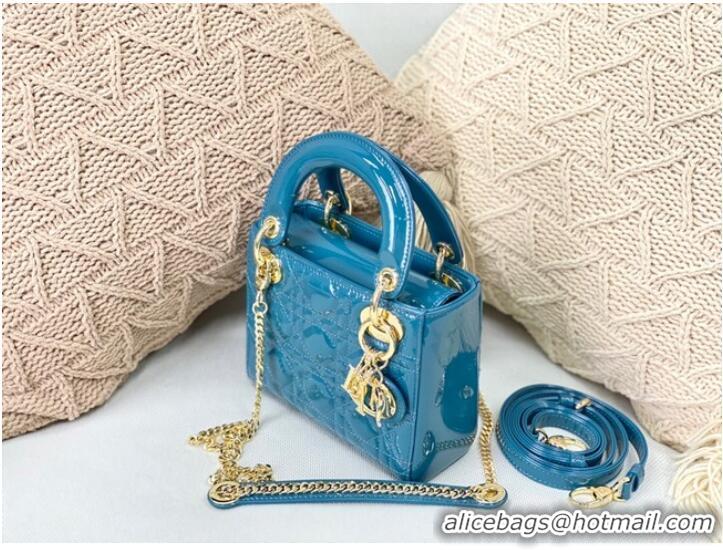 Inexpensive MINI LADY DIOR BAG Patent Cannage Calfskin M0566OW sky Blue&gold