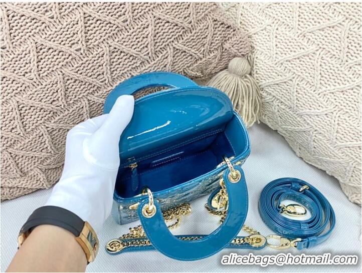 Inexpensive MINI LADY DIOR BAG Patent Cannage Calfskin M0566OW sky Blue&gold