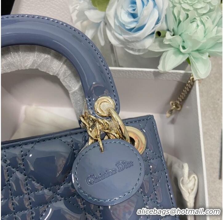 High Quality MINI LADY DIOR BAG Patent Cannage Calfskin M0566OW Blue&gold