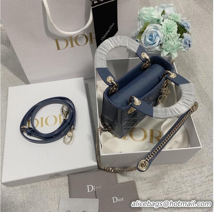 High Quality MINI LADY DIOR BAG Patent Cannage Calfskin M0566OW Blue&gold