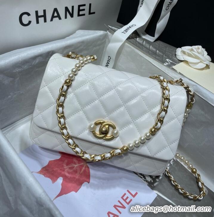 Promotional Chanel SMALL FLAP BAG Calfskin Imitation Pearls & Gold-Tone Metal AS3001 white