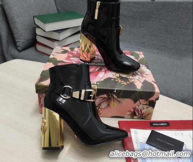 Low Price Dolce & Gabbana DG Patent Leather Buckle Ankle Short Boots 10.5cm Black/Gold 111331