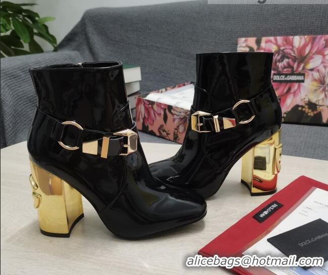 Low Price Dolce & Gabbana DG Patent Leather Buckle Ankle Short Boots 10.5cm Black/Gold 111331