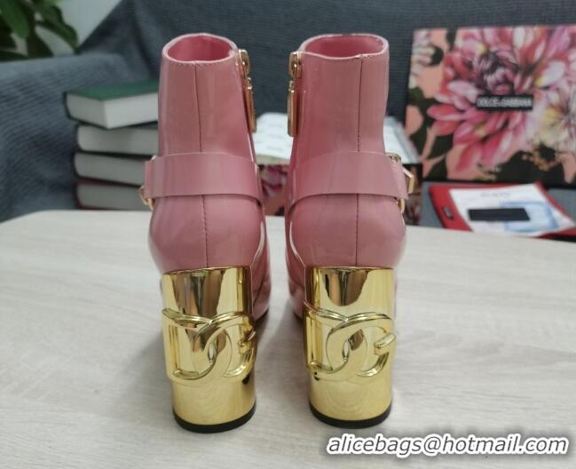 Dolce & Gabbana DG Patent Leather Buckle Ankle Short Boots 10.5cm Pink/Gold 111332