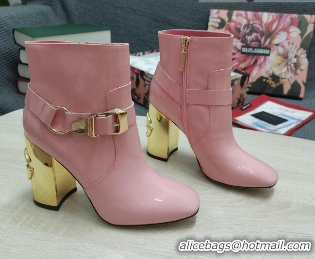 Dolce & Gabbana DG Patent Leather Buckle Ankle Short Boots 10.5cm Pink/Gold 111332