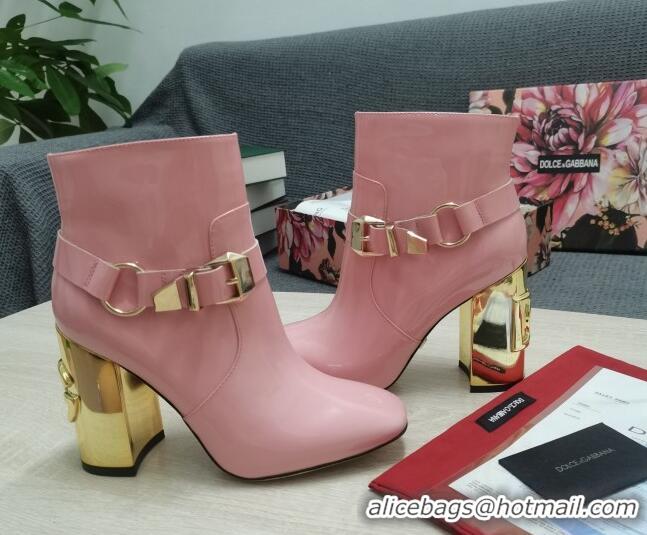 Dolce & Gabbana DG Patent Leather Buckle Ankle Short Boots 10.5cm Pink/Gold 111332