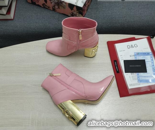 Dolce & Gabbana DG Patent Leather Buckle Ankle Short Boots 10.5cm Pink/Gold 111332