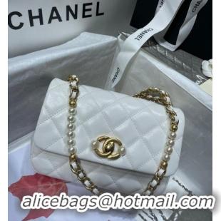 Discount Chanel SMALL FLAP BAG Calfskin Imitation Pearls & Gold-Tone Metal AS3000 white