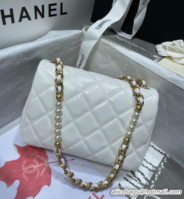 Discount Chanel SMALL FLAP BAG Calfskin Imitation Pearls & Gold-Tone Metal AS3000 white