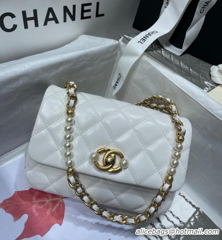 Discount Chanel SMALL FLAP BAG Calfskin Imitation Pearls & Gold-Tone Metal AS3000 white