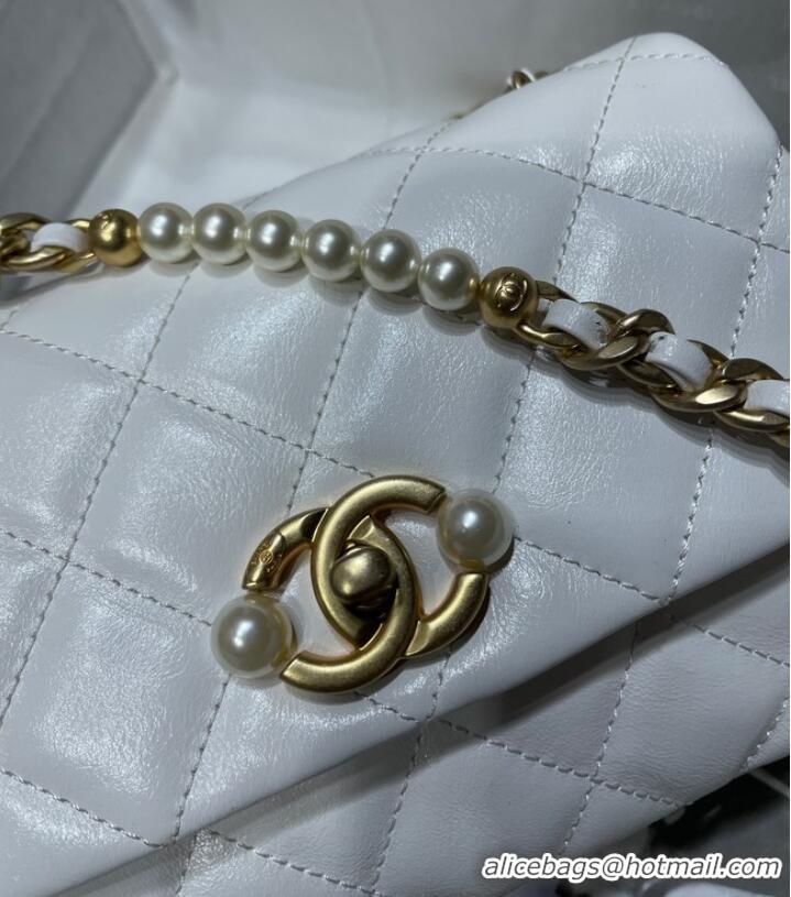 Discount Chanel SMALL FLAP BAG Calfskin Imitation Pearls & Gold-Tone Metal AS3000 white