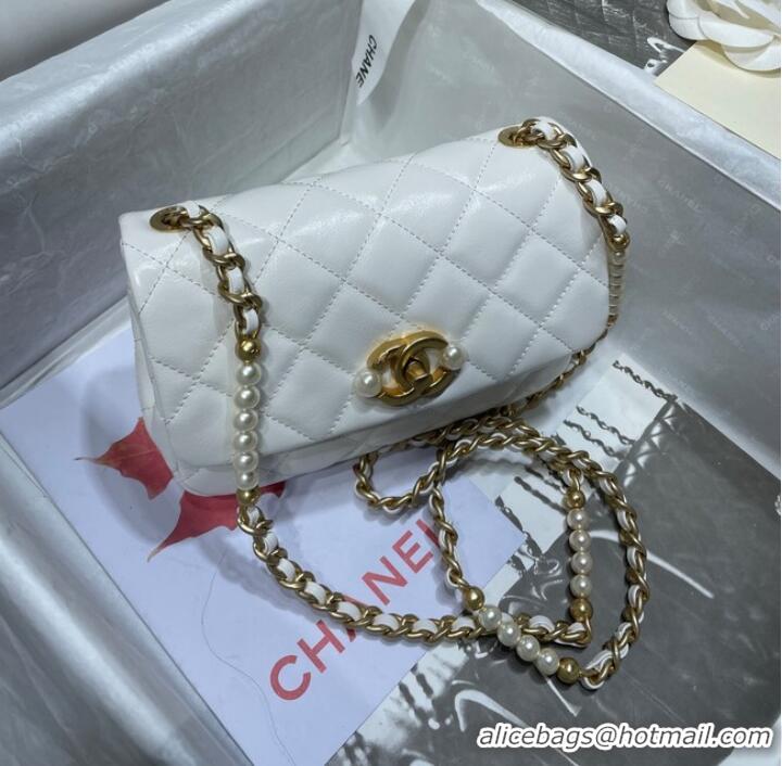 Discount Chanel SMALL FLAP BAG Calfskin Imitation Pearls & Gold-Tone Metal AS3000 white