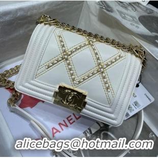 Top Quality Small BOY CHANEL Handbag Crumpled Calfskin & Gold-Tone Metal A67085 White