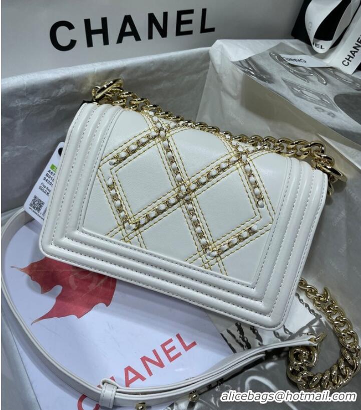 Top Quality Small BOY CHANEL Handbag Crumpled Calfskin & Gold-Tone Metal A67085 White