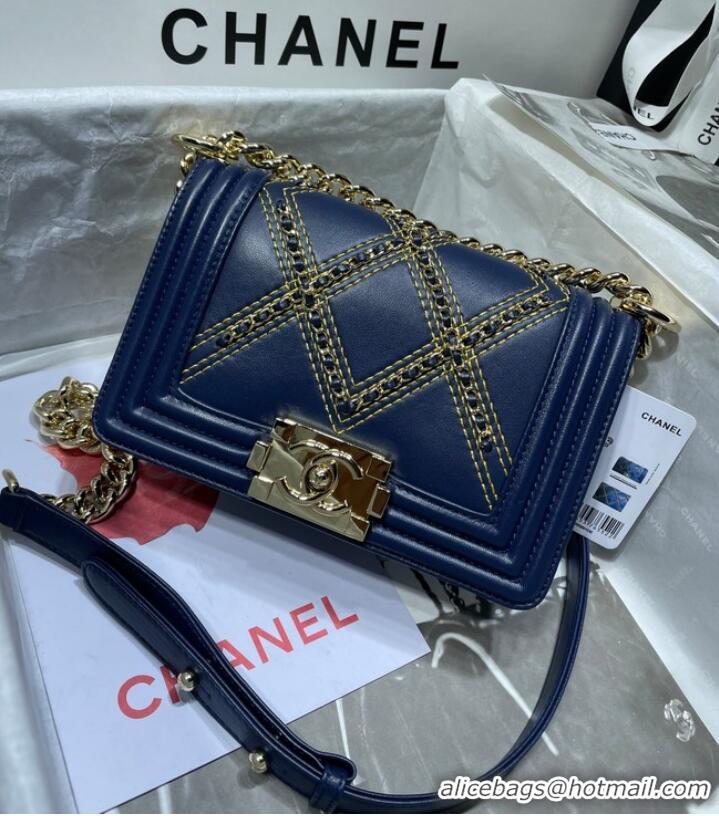 Promotional Small BOY CHANEL Handbag Crumpled Calfskin & Gold-Tone Metal A67085 dark blue