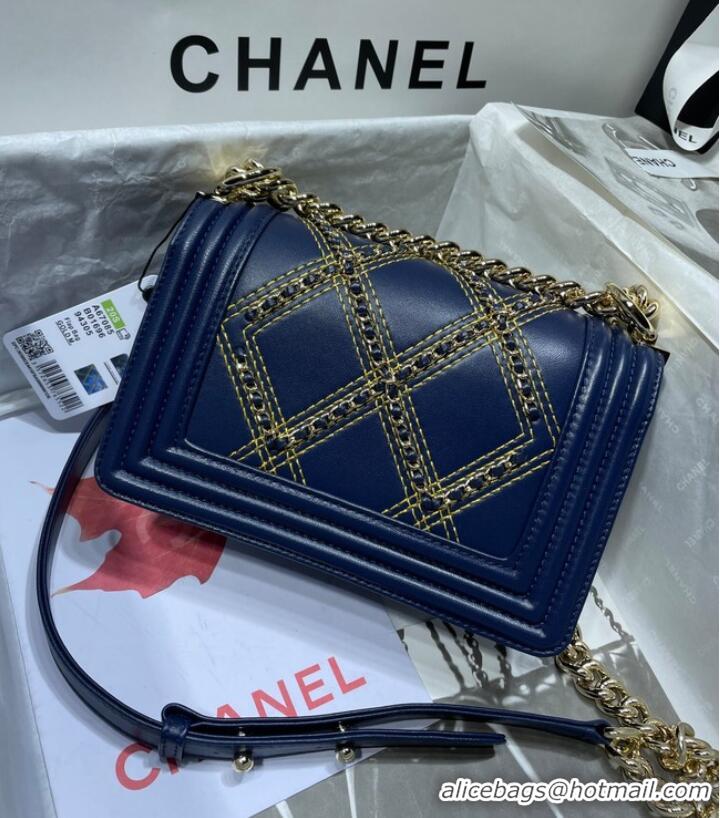 Promotional Small BOY CHANEL Handbag Crumpled Calfskin & Gold-Tone Metal A67085 dark blue