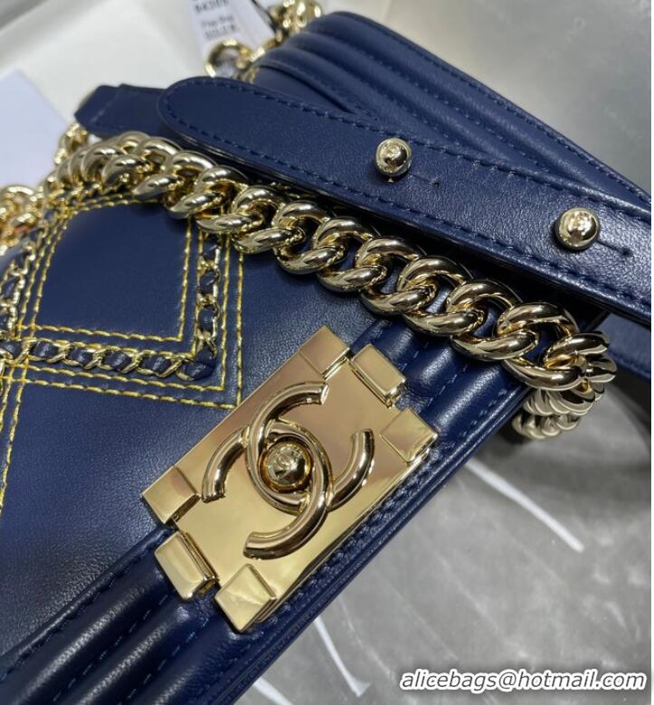 Promotional Small BOY CHANEL Handbag Crumpled Calfskin & Gold-Tone Metal A67085 dark blue