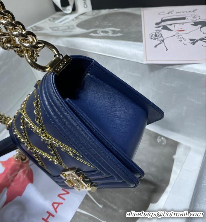 Promotional Small BOY CHANEL Handbag Crumpled Calfskin & Gold-Tone Metal A67085 dark blue