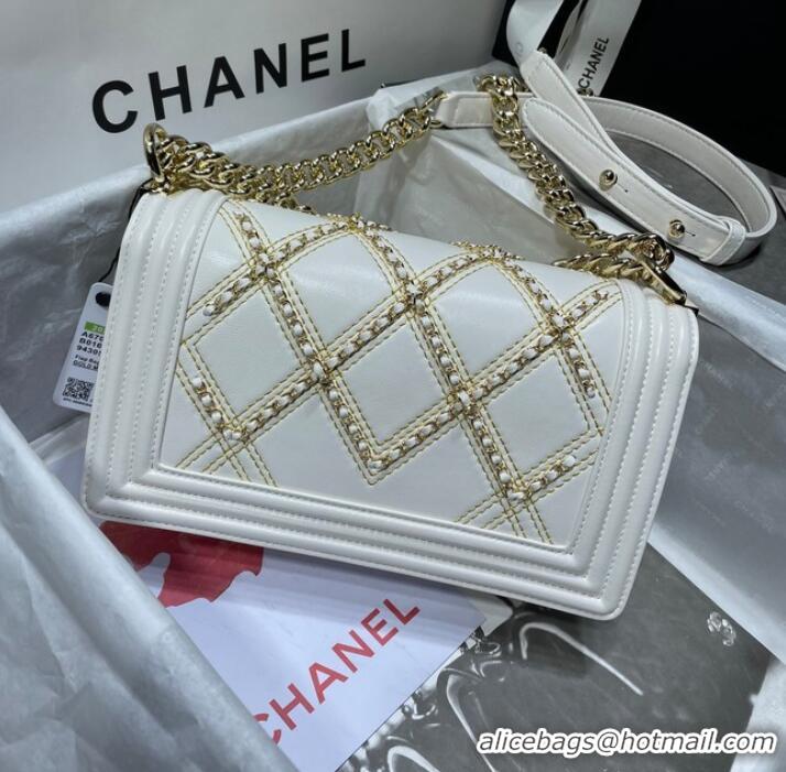 Promotional BOY CHANEL Handbag Crumpled Calfskin & Gold-Tone Metal A67086 white