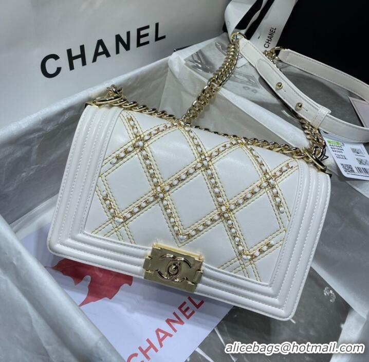 Promotional BOY CHANEL Handbag Crumpled Calfskin & Gold-Tone Metal A67086 white