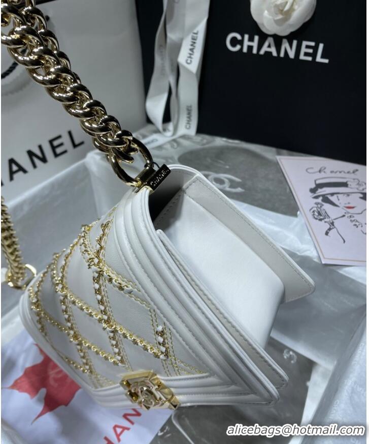 Promotional BOY CHANEL Handbag Crumpled Calfskin & Gold-Tone Metal A67086 white