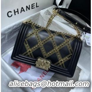 Buy Discount BOY CHANEL Handbag Crumpled Calfskin & Gold-Tone Metal A67086 black