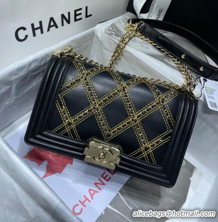 Buy Discount BOY CHANEL Handbag Crumpled Calfskin & Gold-Tone Metal A67086 black