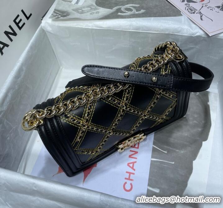 Buy Discount BOY CHANEL Handbag Crumpled Calfskin & Gold-Tone Metal A67086 black