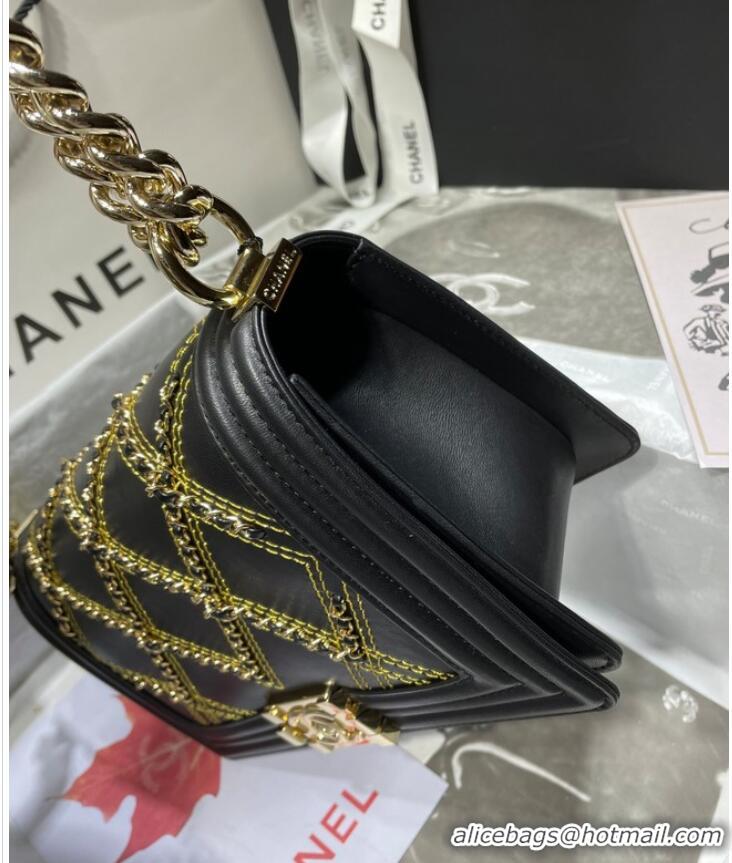 Buy Discount BOY CHANEL Handbag Crumpled Calfskin & Gold-Tone Metal A67086 black