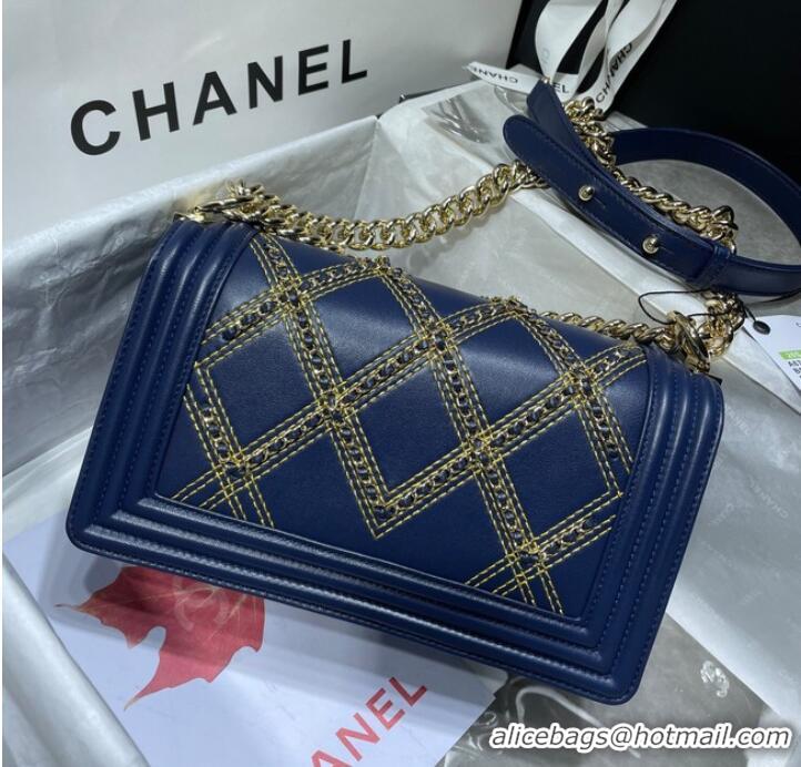 Promotional BOY CHANEL Handbag Crumpled Calfskin & Gold-Tone Metal A67086 dark blue