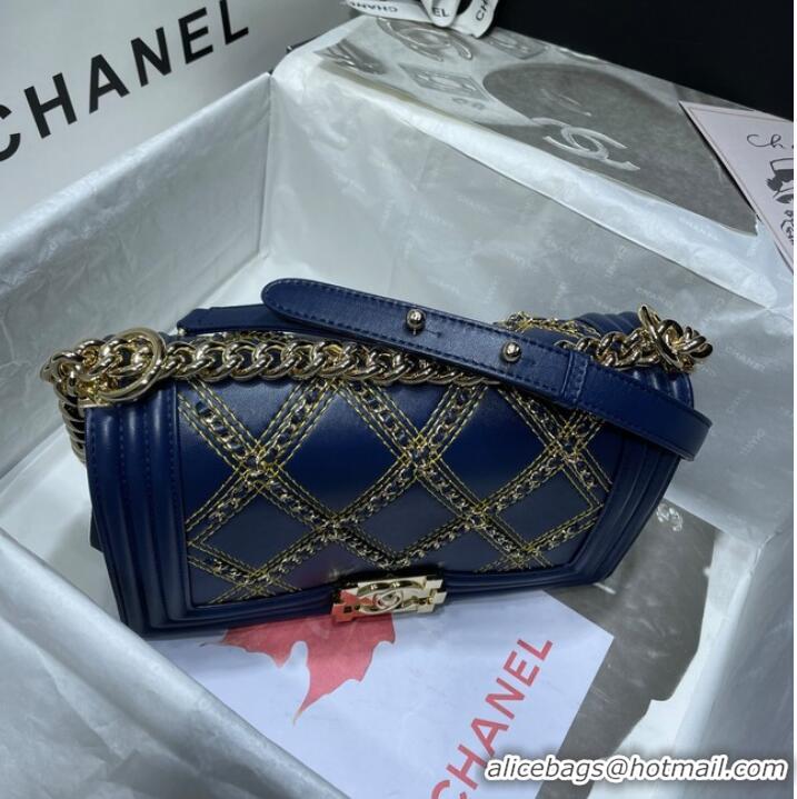 Promotional BOY CHANEL Handbag Crumpled Calfskin & Gold-Tone Metal A67086 dark blue