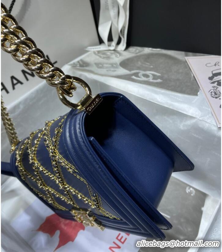 Promotional BOY CHANEL Handbag Crumpled Calfskin & Gold-Tone Metal A67086 dark blue