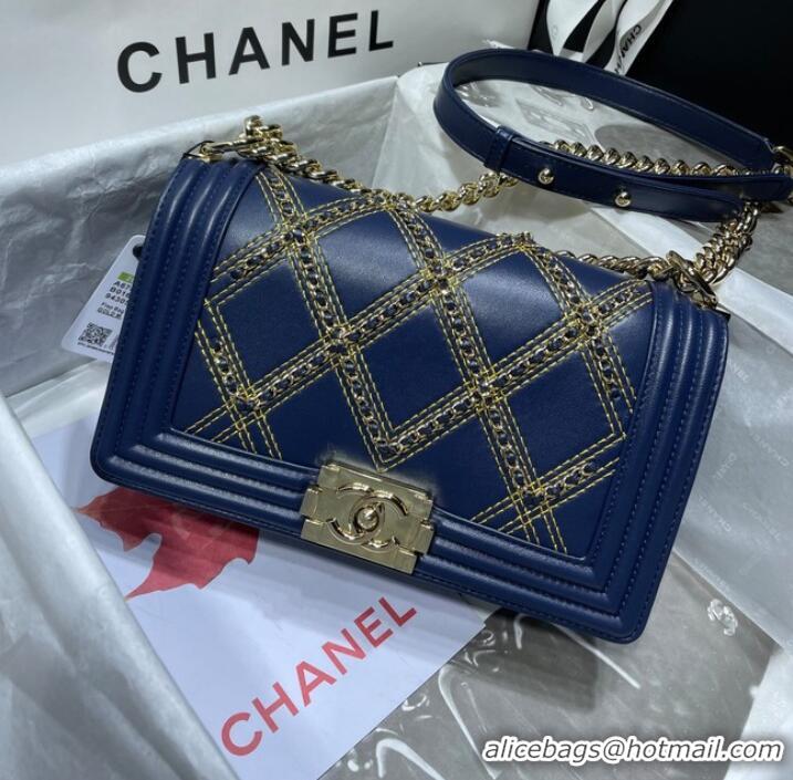 Promotional BOY CHANEL Handbag Crumpled Calfskin & Gold-Tone Metal A67086 dark blue