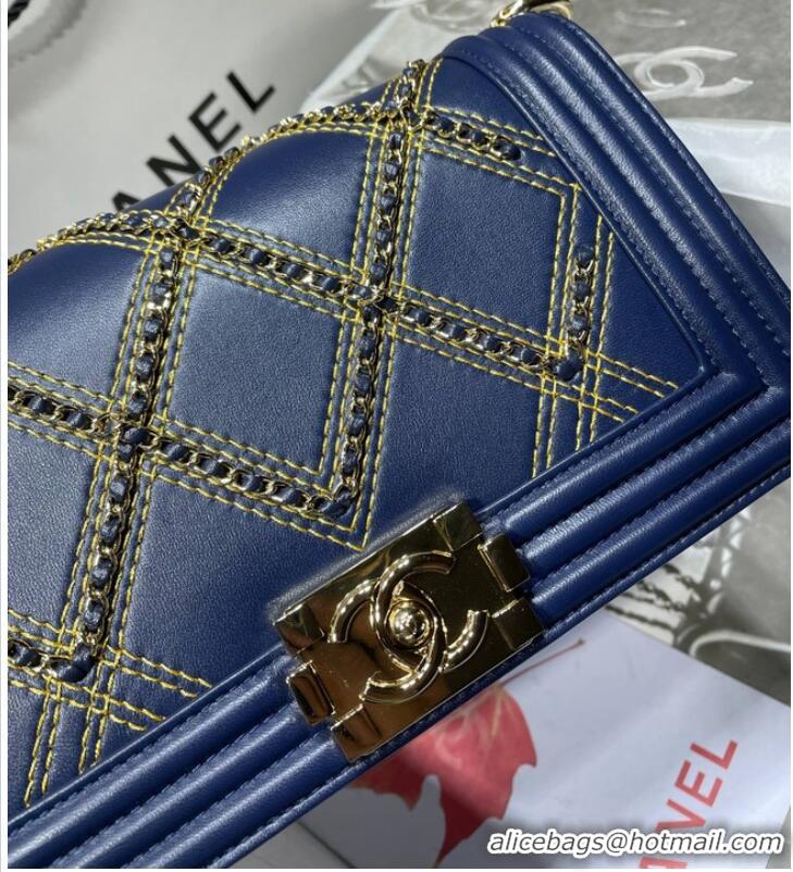 Promotional BOY CHANEL Handbag Crumpled Calfskin & Gold-Tone Metal A67086 dark blue