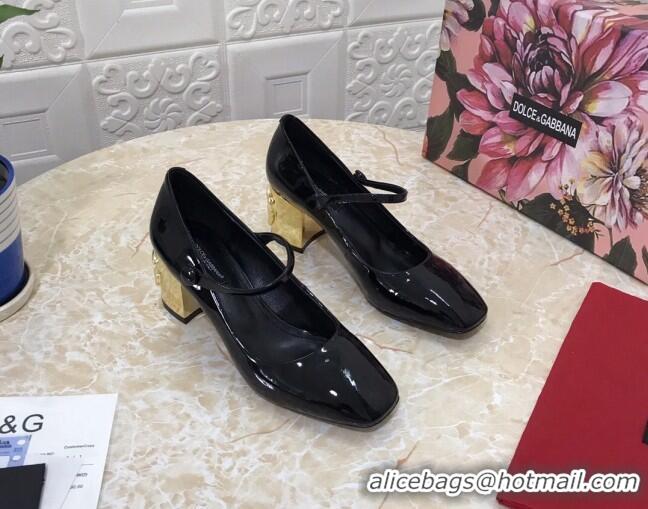 Best Luxury Dolce & Gabbana DG Patent Leather Mary Janes Pumps 111501 Black/Gold