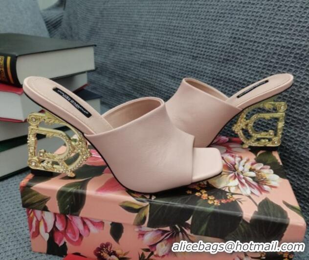 Top Quality Dolce & Gabbana DG Calf Leather Slide Sandals 10.5cm 111515 Light Pink/Gold