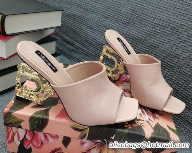 Top Quality Dolce & Gabbana DG Calf Leather Slide Sandals 10.5cm 111515 Light Pink/Gold