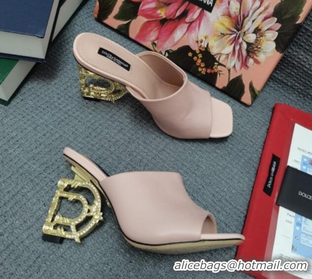 Top Quality Dolce & Gabbana DG Calf Leather Slide Sandals 10.5cm 111515 Light Pink/Gold