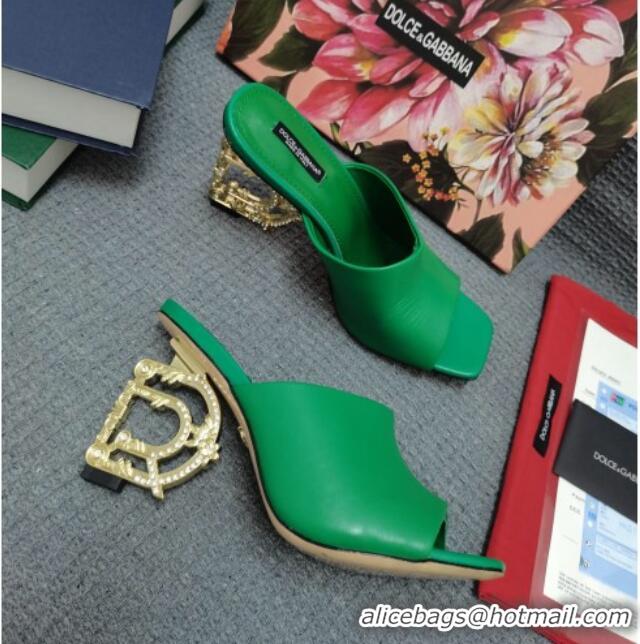 Unique Grade Dolce & Gabbana DG Calf Leather Slide Sandals 10.5cm 111515 Green/Gold