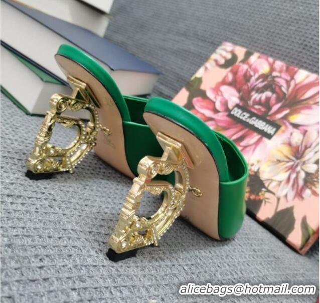 Unique Grade Dolce & Gabbana DG Calf Leather Slide Sandals 10.5cm 111515 Green/Gold