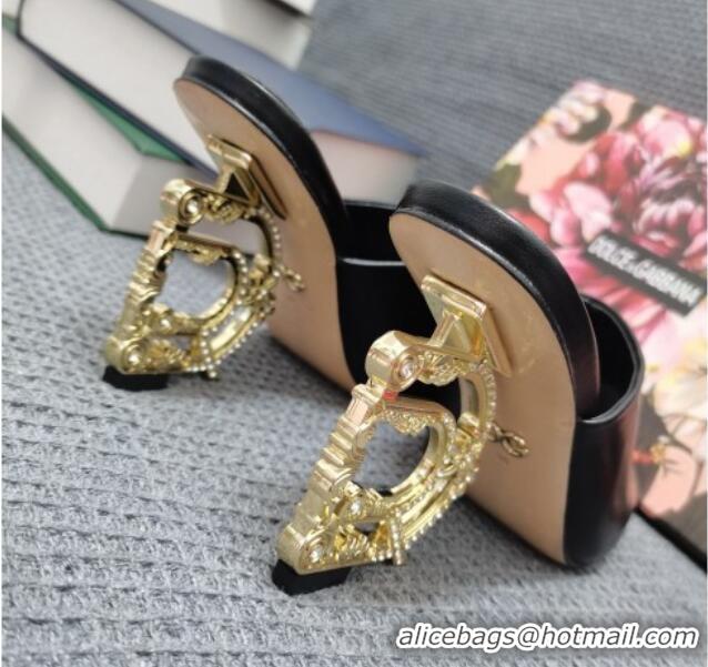 Super Quality Dolce & Gabbana DG Calf Leather Slide Sandals 10.5cm 111512 Black/Gold