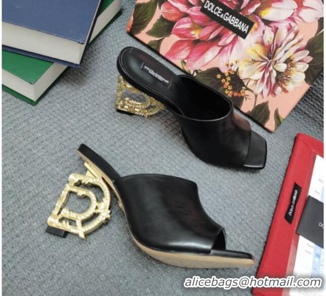 Super Quality Dolce & Gabbana DG Calf Leather Slide Sandals 10.5cm 111512 Black/Gold