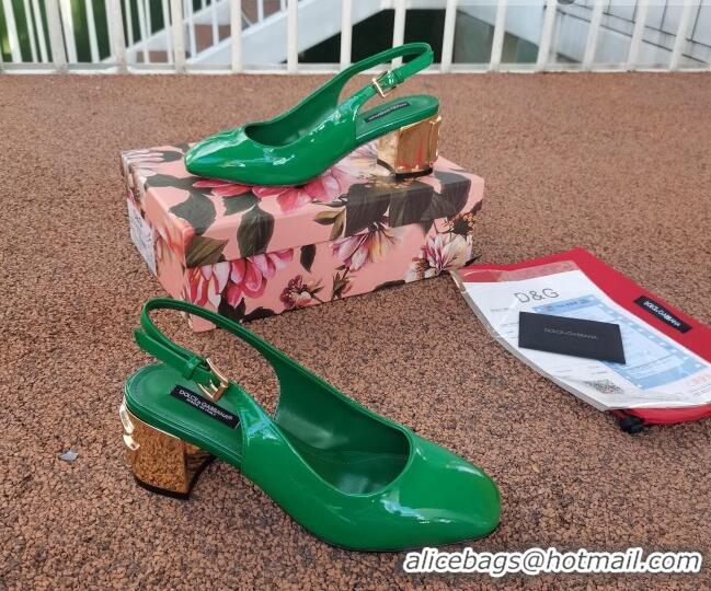 Fashion Dolce & Gabbana DG Patent Leather Slingback Pumps 6.5cm 111516 Green/Gold