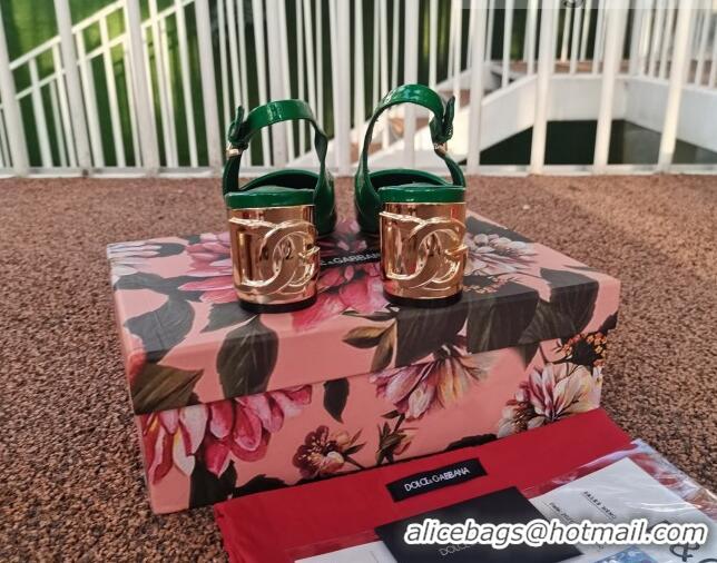 Fashion Dolce & Gabbana DG Patent Leather Slingback Pumps 6.5cm 111516 Green/Gold