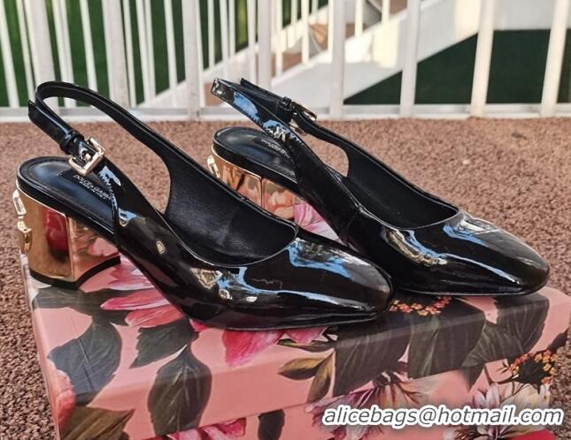 New Style Dolce & Gabbana DG Patent Leather Slingback Pumps 6.5cm 111516 Black/Gold