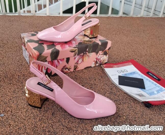 Best Luxury Dolce & Gabbana DG Patent Leather Slingback Pumps 6.5cm 111516 Light Pink/Gold