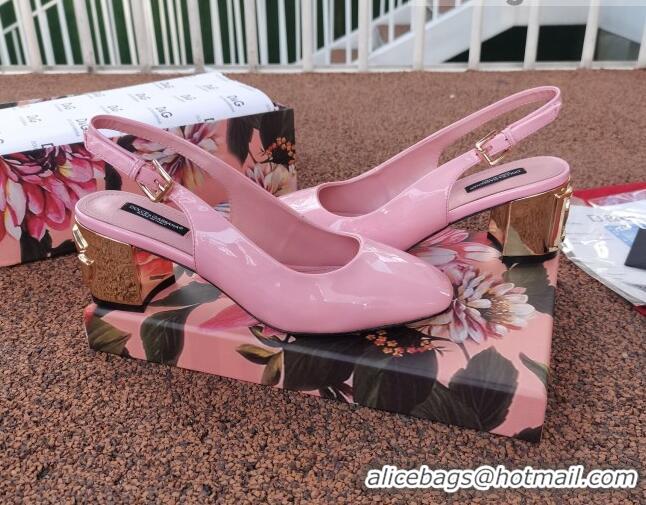 Best Luxury Dolce & Gabbana DG Patent Leather Slingback Pumps 6.5cm 111516 Light Pink/Gold