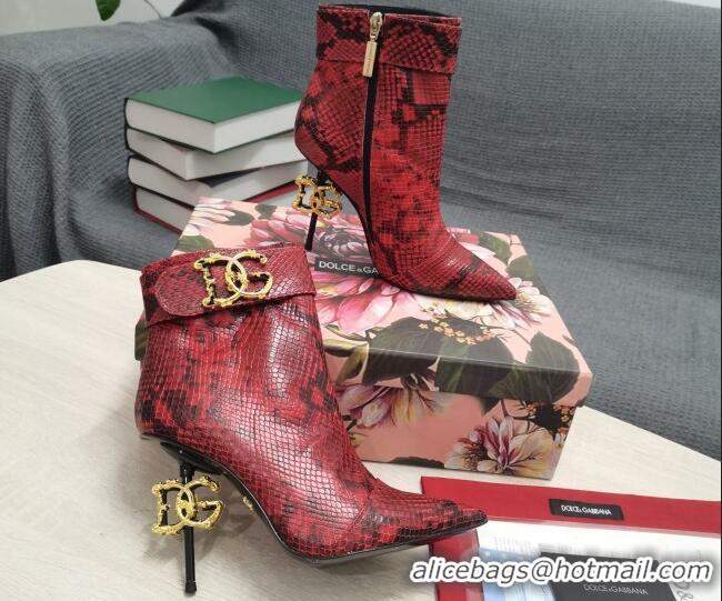 Good Quality Dolce & Gabbana DG Snakeskin Print Leather Ankle Short Boots 10.5cm Red 111526