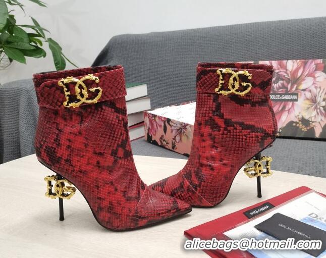 Good Quality Dolce & Gabbana DG Snakeskin Print Leather Ankle Short Boots 10.5cm Red 111526