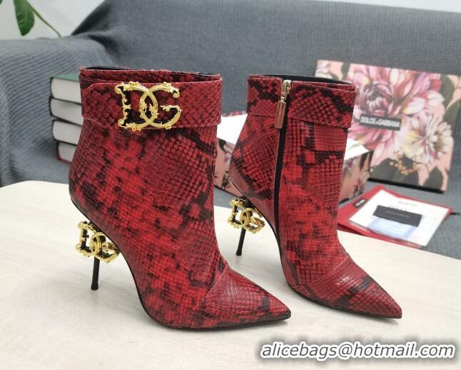 Good Quality Dolce & Gabbana DG Snakeskin Print Leather Ankle Short Boots 10.5cm Red 111526